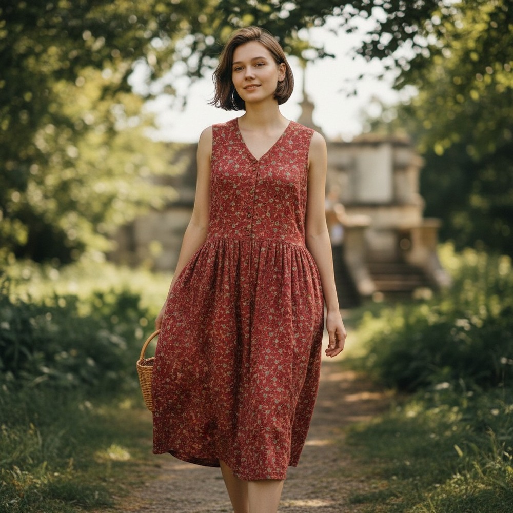 Eddie Bauer Womens M Red Floral 100% Linen Sleeveless Button Front Midi Dress